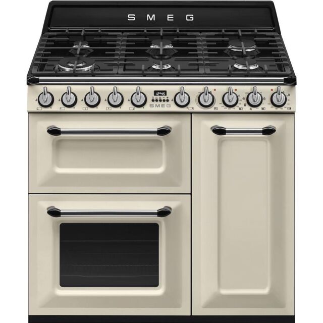Smeg TR93P 90cm Victoria Dual Fuel Range Cooker, Cream